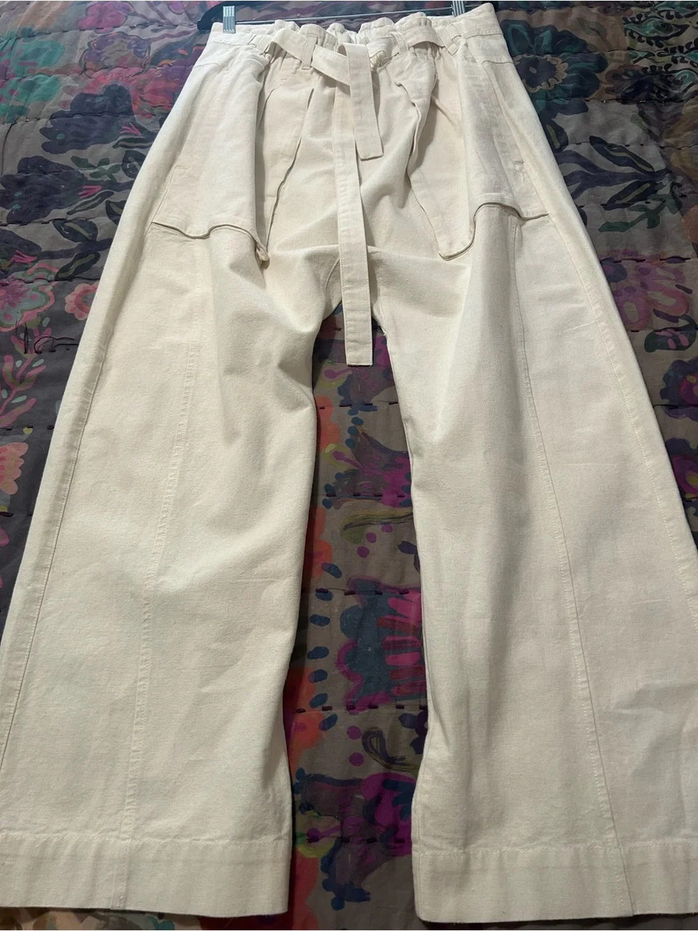 Unique High-Rise Wide Leg Harem Cream Pants w/Tie Waist and Welt Pockets